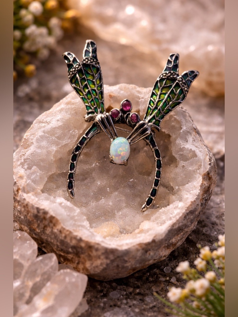 VINTAGE Sterling Silver Plique-à-Jour Dragonfly Brooch Ruby Accents Opal Body